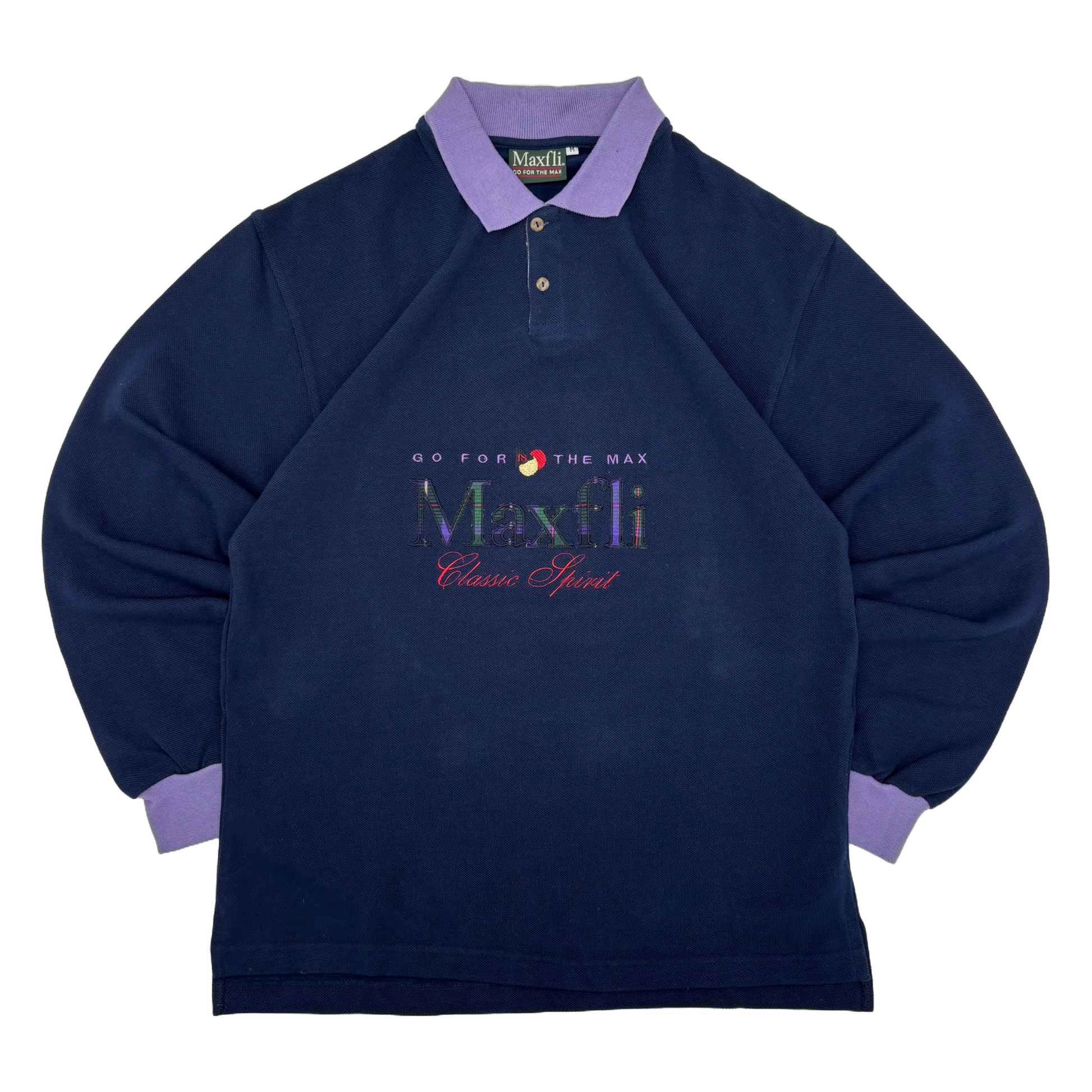 Navy blue long sleeve polo shirt with purple collar and cuffs featuring Maxfli branding on a white background