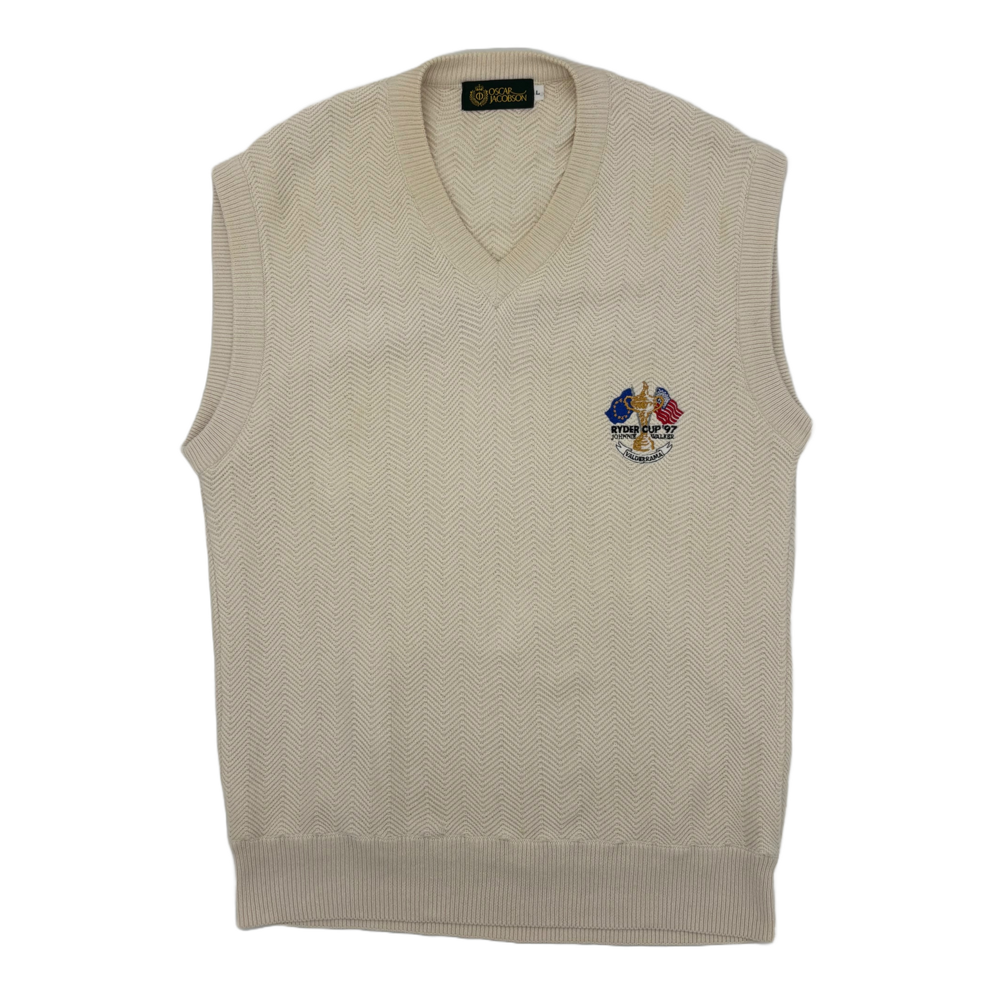 Beige 1997 Ryder Cup Oscar Jacobson sweater vest with a logo on a white background