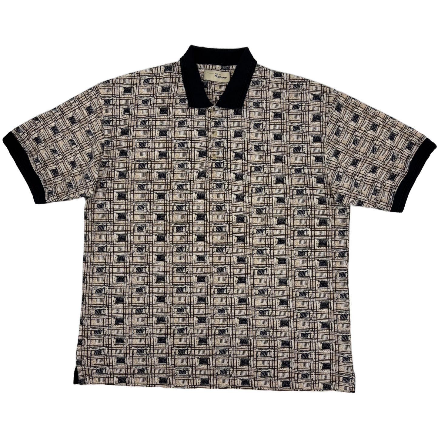 abstract patterned golf polo with black collar on a white background