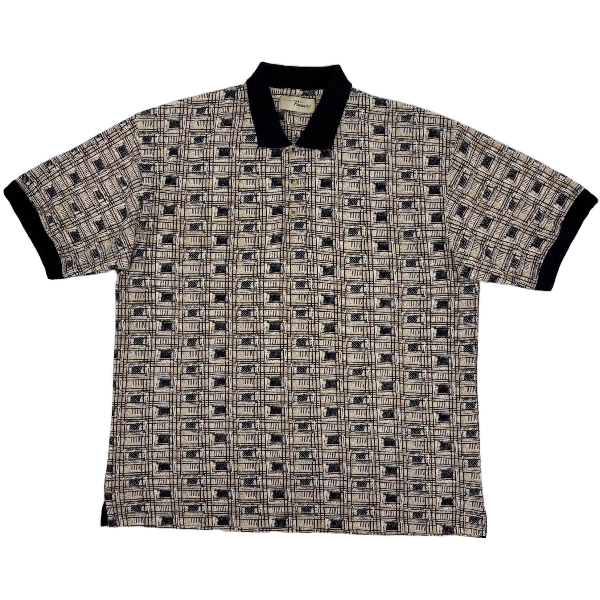 abstract patterned golf polo with black collar on a white background