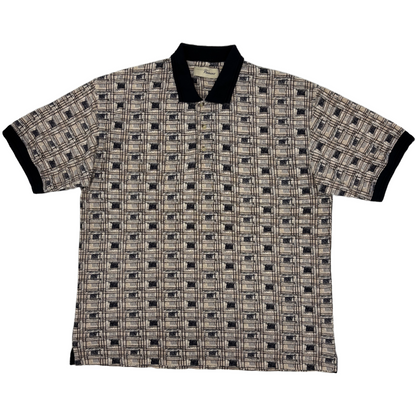 abstract patterned golf polo with black collar on a white background