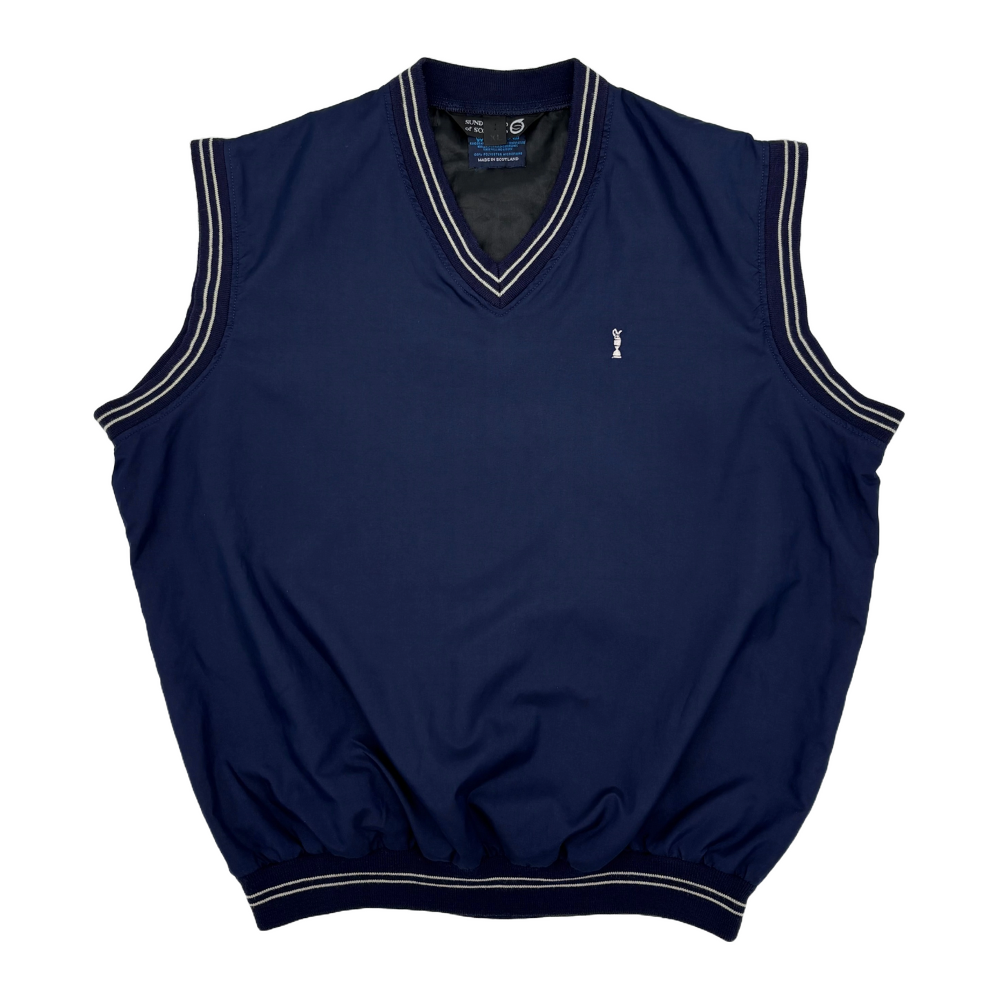 Navy blue Opem Championship sleeveless golf vest with white trim on a white background