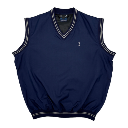 Navy blue Opem Championship sleeveless golf vest with white trim on a white background