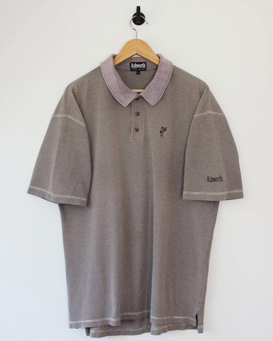 90s Ashworth Taupe Woven Polo-Shirt (XL)