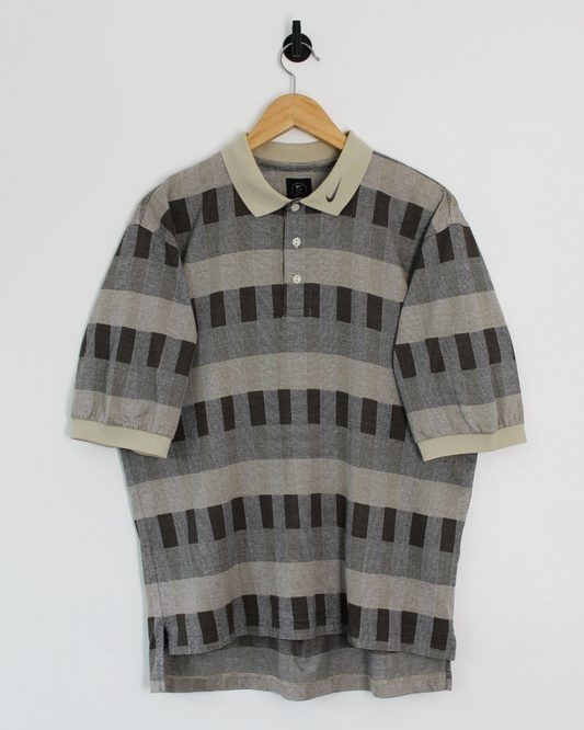 90s Nike Abstract Chequered Beige/Brown Polo-Shirt (S)