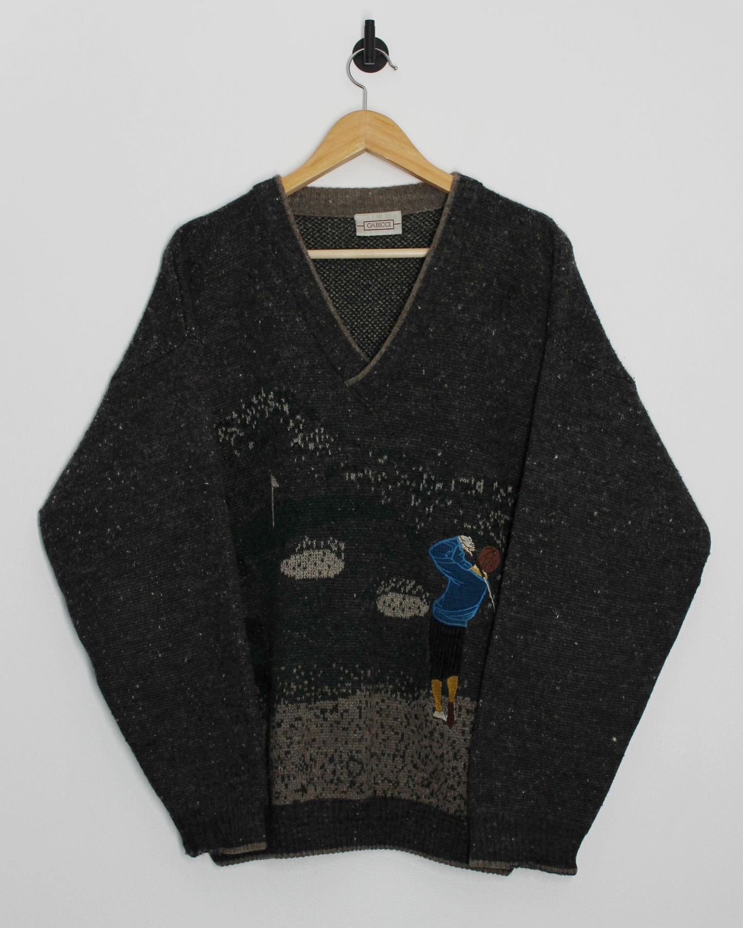 90s Gabicci Wool Graphic V-Neck Jumper (L)