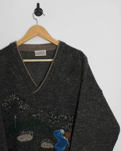 90s Gabicci Wool Graphic V-Neck Jumper (L)