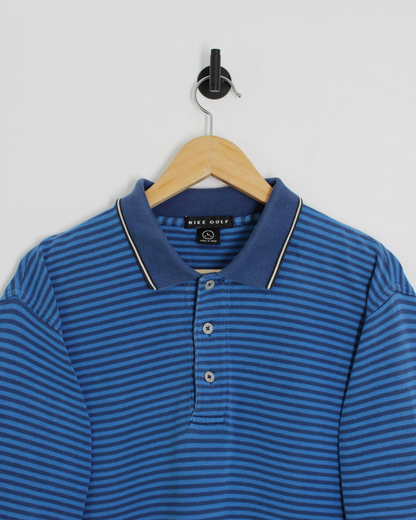 90s Nike Swoosh 18 Blue Striped Polo-Shirt (XL)
