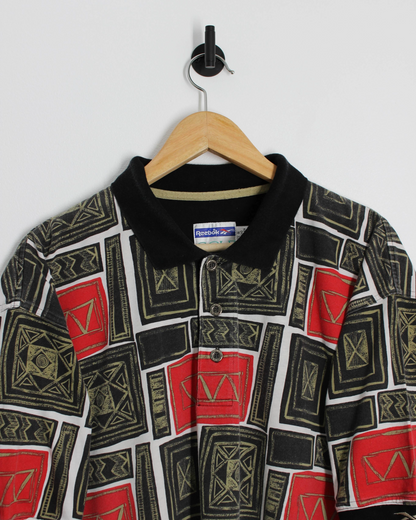 90s Reebok Abstract Red/Black Polo-Shirt (L)