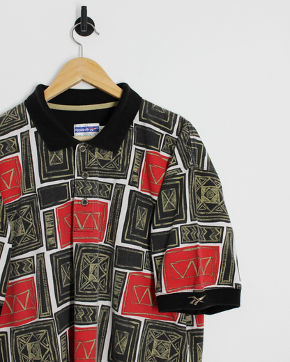 90s Reebok Abstract Red/Black Polo-Shirt (L)